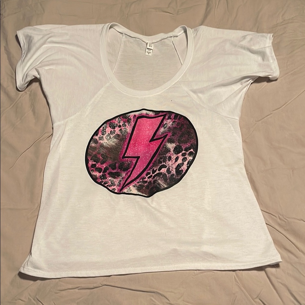 White Graphic Women's Top with Pink Lightning Bolt